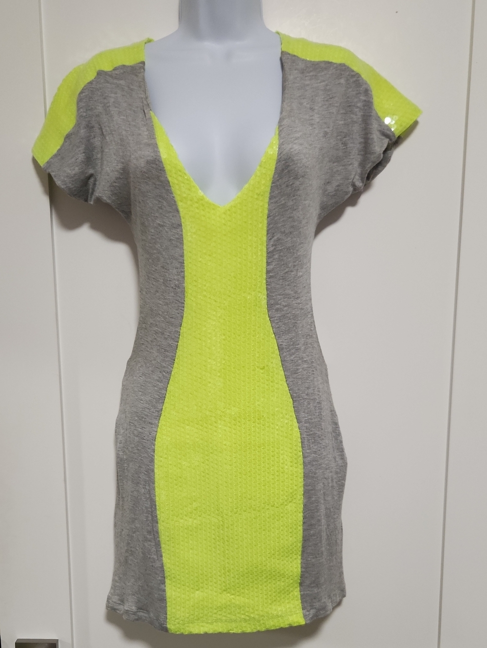 Bebe Addiction Neon Yellow & Gray V-Neck Knit Cutout Sequin Dress